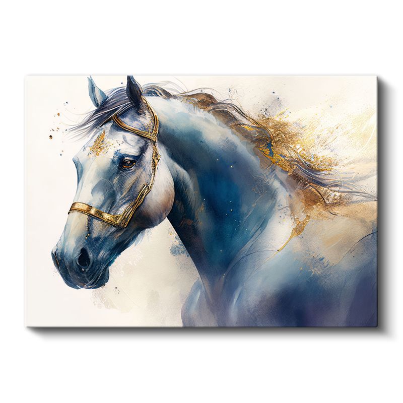Mavi Tonlarda At - Altın Detaylarla Süslenmiş Asalet Kanvas Tablo