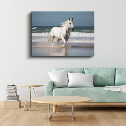Sahilde Koşan Beyaz At - Özgürlüğün Zarif Dansı Kanvas Tablo