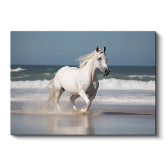 Sahilde Koşan Beyaz At - Özgürlüğün Zarif Dansı Kanvas Tablo