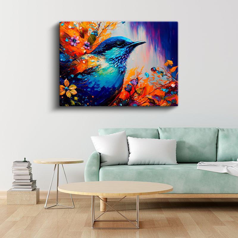Mavi Kuş Portresi - Çiçekler Arasında Renklerin Harmonisi Kanvas Tablo