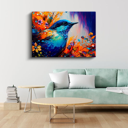 Mavi Kuş Portresi - Çiçekler Arasında Renklerin Harmonisi Kanvas Tablo
