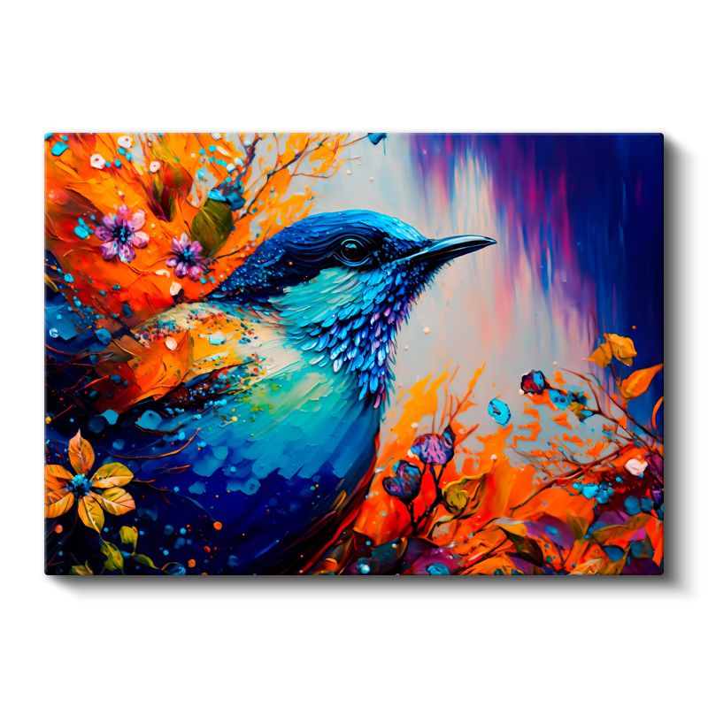 Mavi Kuş Portresi - Çiçekler Arasında Renklerin Harmonisi Kanvas Tablo