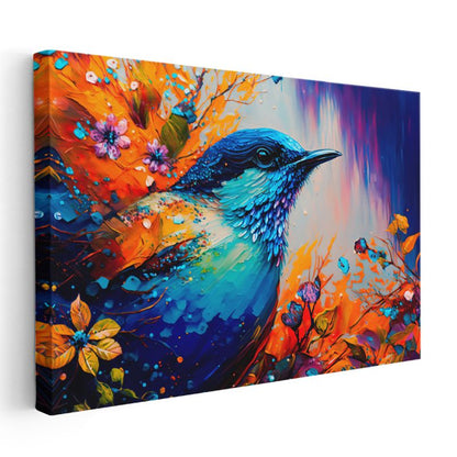 Mavi Kuş Portresi - Çiçekler Arasında Renklerin Harmonisi Kanvas Tablo