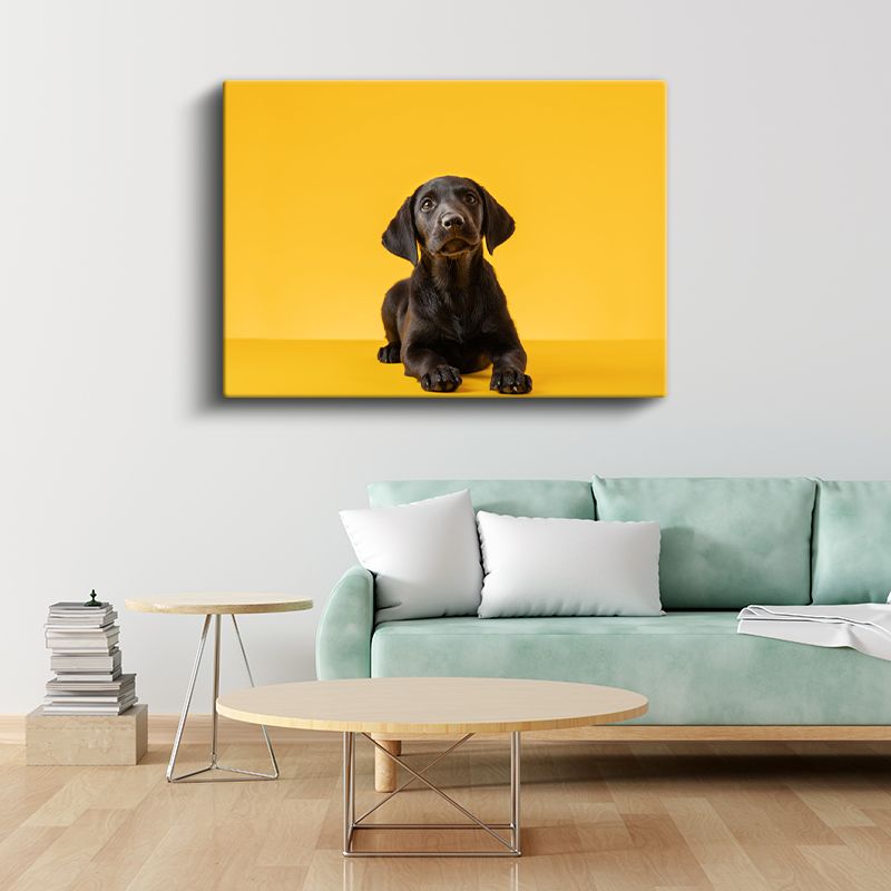 Siyah Labrador Yavrusu - Sarı Zeminde Sevimli Bakışlar Kanvas Tablo