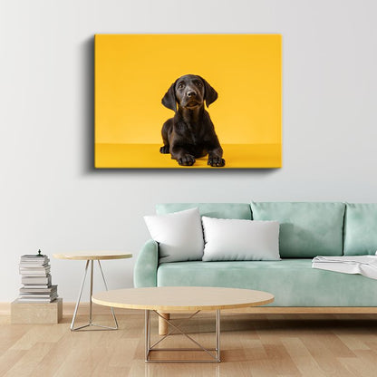 Siyah Labrador Yavrusu - Sarı Zeminde Sevimli Bakışlar Kanvas Tablo