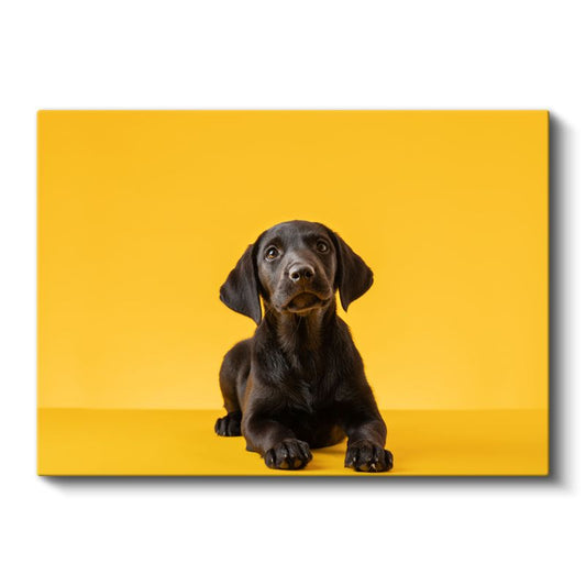 Siyah Labrador Yavrusu - Sarı Zeminde Sevimli Bakışlar Kanvas Tablo