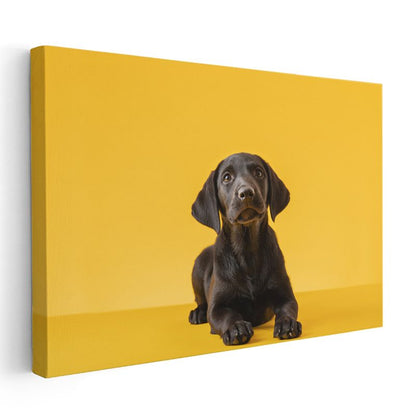 Siyah Labrador Yavrusu - Sarı Zeminde Sevimli Bakışlar Kanvas Tablo