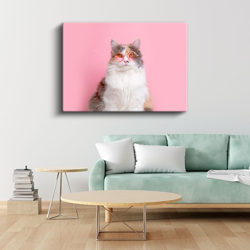 Gözlüklü Kedi - Pembe Dünyada Şık Duruş Kanvas Tablo