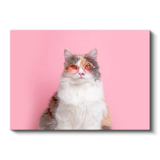 Gözlüklü Kedi - Pembe Dünyada Şık Duruş Kanvas Tablo