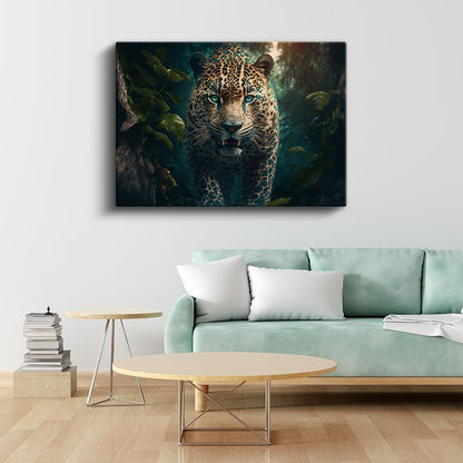 Orman Leoparı - Yeşil Yapraklar Arasında Mavi Bakışlar Kanvas Tablo