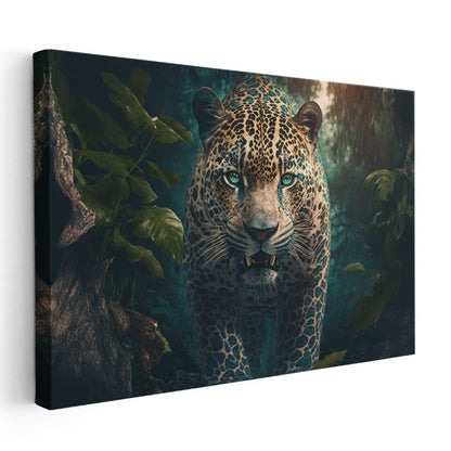 Orman Leoparı - Yeşil Yapraklar Arasında Mavi Bakışlar Kanvas Tablo
