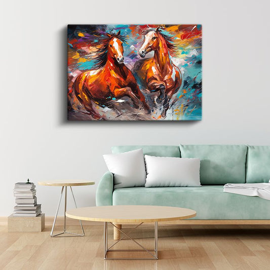 Kızıl Atlar - Renkli Fırça Darbeleriyle Özgür Koşu Kanvas Tablo