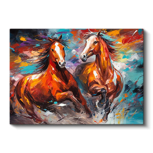 Kızıl Atlar - Renkli Fırça Darbeleriyle Özgür Koşu Kanvas Tablo