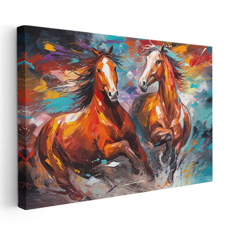 Kızıl Atlar - Renkli Fırça Darbeleriyle Özgür Koşu Kanvas Tablo