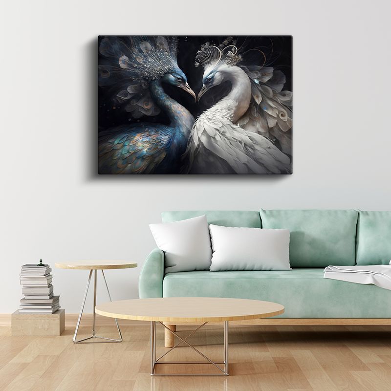 Tavus Kuşları - Mavi ve Beyaz Tüylerin Aşk Dansı Kanvas Tablo