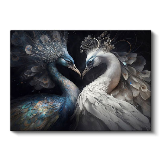Tavus Kuşları - Mavi ve Beyaz Tüylerin Aşk Dansı Kanvas Tablo