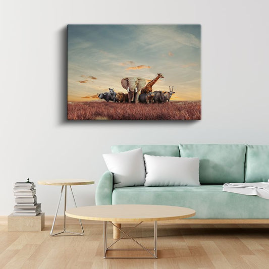Afrika Safarisi - Savana Hayvanlarının Görkemli Buluşması Kanvas Tablo