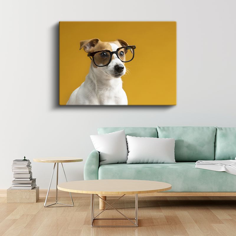 Zeki Köpek Portresi - Sarı Zeminde Gözlüklü Dost Kanvas Tablo