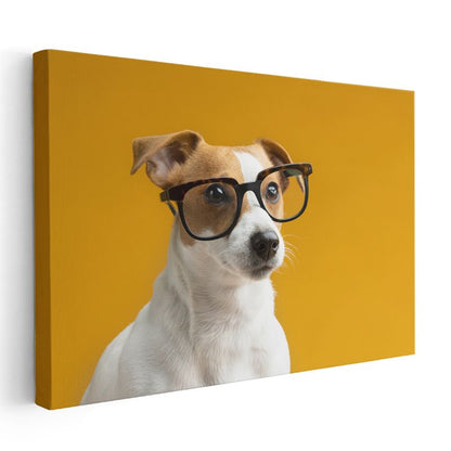 Zeki Köpek Portresi - Sarı Zeminde Gözlüklü Dost Kanvas Tablo