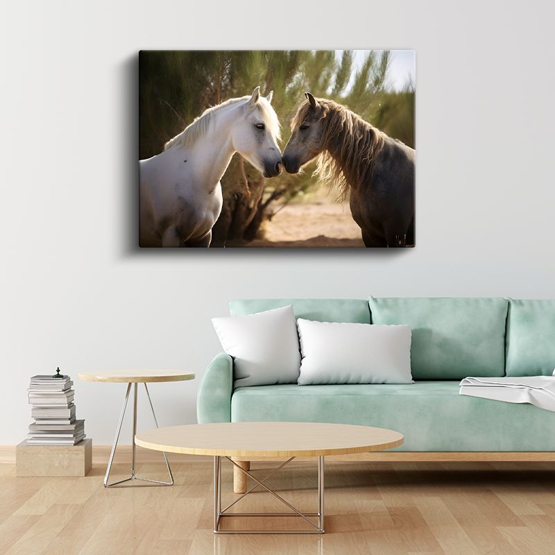 Sevgi Dolu Atlar - Burun Buruna Romantik Anı Yakalayan Kanvas Tablo