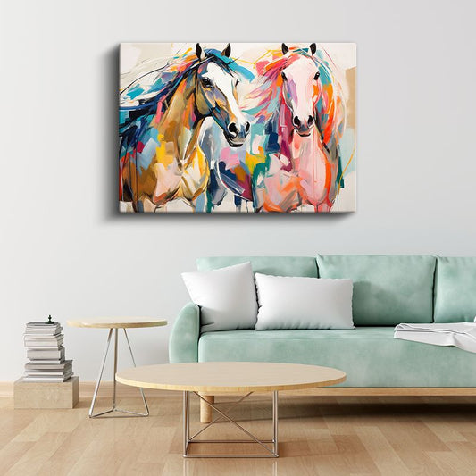 Renkli Atlar - Modern Sanat Esintili Canlı Fırça Darbeleri Kanvas Tablo