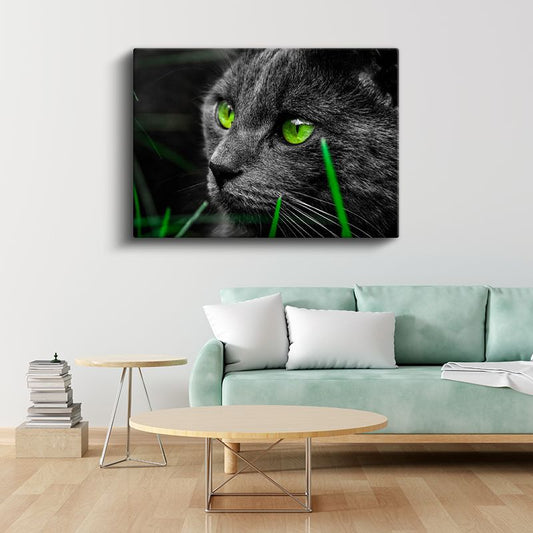 Zümrüt Bakış - Yeşil Gözlü Siyah Kedi Portresi Kanvas Tablo