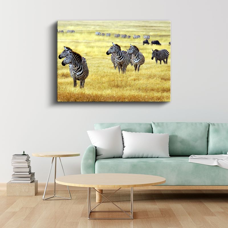 Zebra Sürüsü - Altın Sarısı Çayırlarda Afrika Vahşi Yaşamı Kanvas Tablo