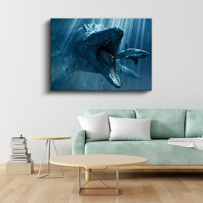 Derin Denizlerin Hakimi - Avını Yakalayan Prehistorik Deniz Canavarı Kanvas Tablo