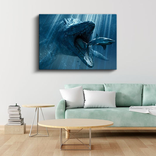 Derin Denizlerin Hakimi - Avını Yakalayan Prehistorik Deniz Canavarı Kanvas Tablo