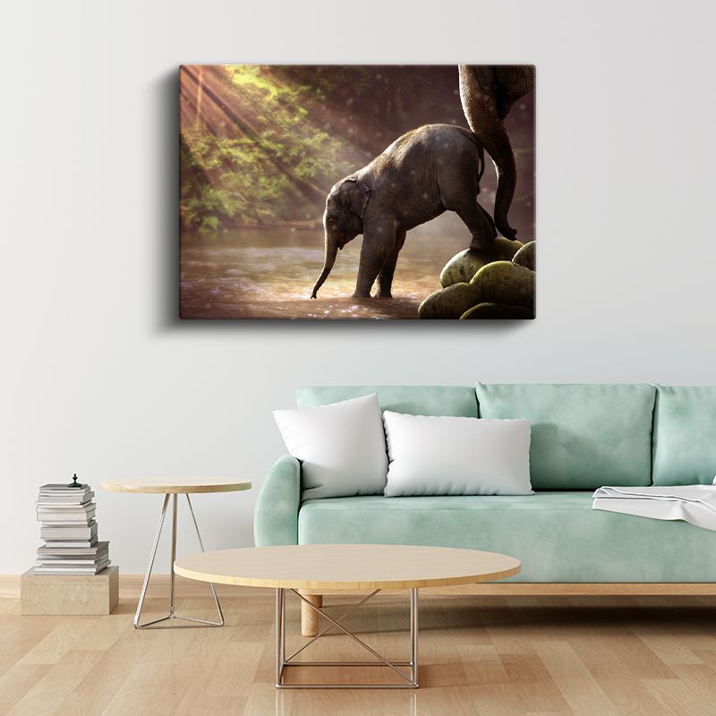 Yavru Fil - Nehirde İlk Adımlarını Atan Sevimli Bebek Kanvas Tablo