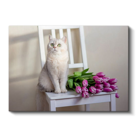 Beyaz Kedi - Mor Lalelerle Zarif Evcil Hayvan Portresi Kanvas Tablo