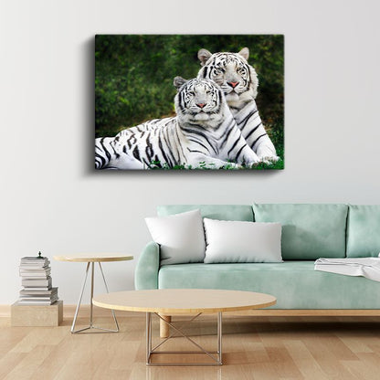 Beyaz Kaplanlar - Yan Yana Uzanan Çizgili İkili Kanvas Tablo