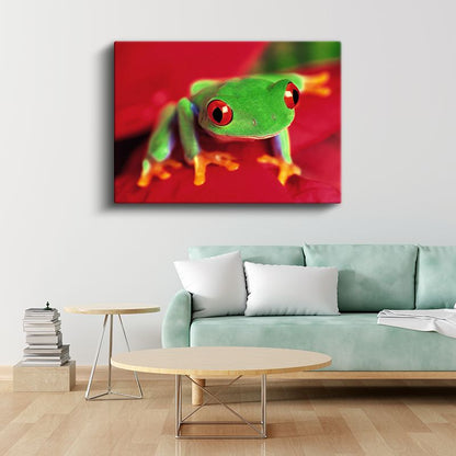 Kırmızı Gözlü Kurbağa - Yaprak Üzerinde Parlak Yeşil Amfibi Kanvas Tablo