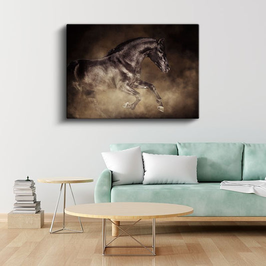 Siyah Aygır - Tozlu Zeminde Koşan Güçlü At Kanvas Tablo