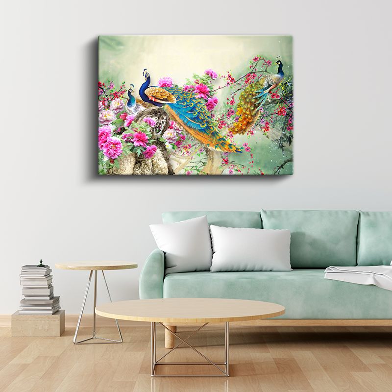 Gösterişli Tavus Kuşları - Çiçekli Dallar Arasında Renkli İkili Kanvas Tablo
