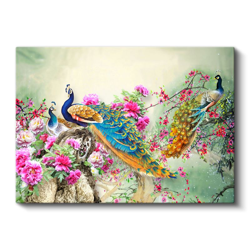 Gösterişli Tavus Kuşları - Çiçekli Dallar Arasında Renkli İkili Kanvas Tablo