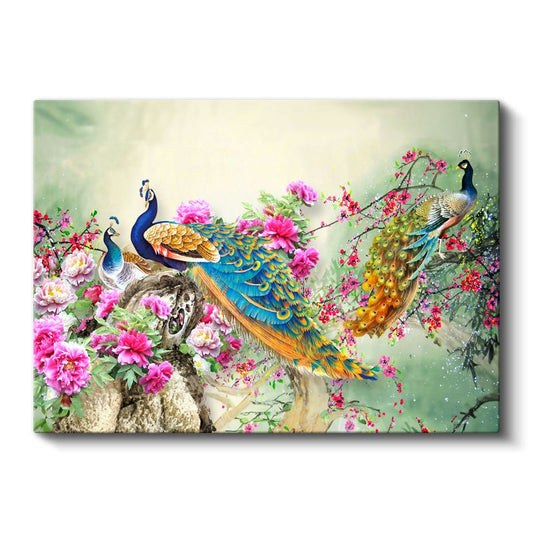 Gösterişli Tavus Kuşları - Çiçekli Dallar Arasında Renkli İkili Kanvas Tablo