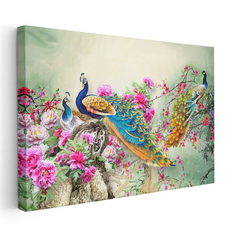 Gösterişli Tavus Kuşları - Çiçekli Dallar Arasında Renkli İkili Kanvas Tablo