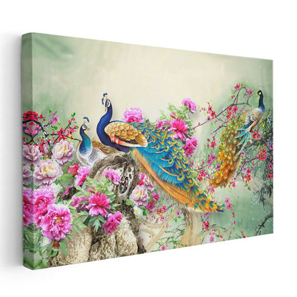 Gösterişli Tavus Kuşları - Çiçekli Dallar Arasında Renkli İkili Kanvas Tablo