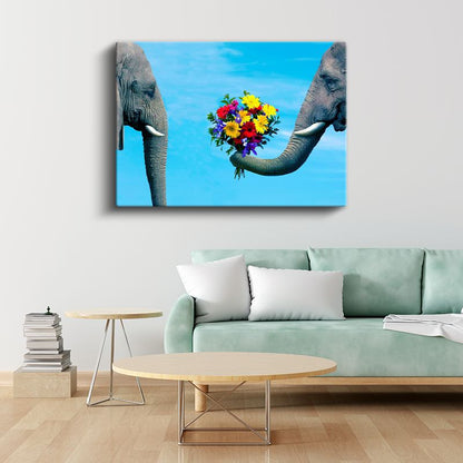 Çiçek Buketi - Hortumlarıyla Hediye Taşıyan Filler Kanvas Tablo