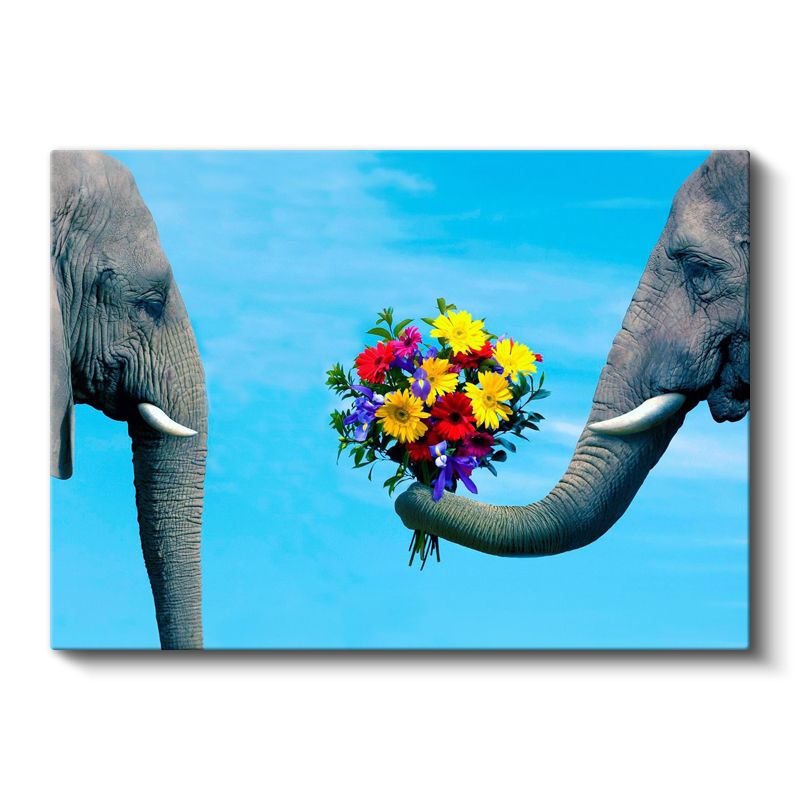 Çiçek Buketi - Hortumlarıyla Hediye Taşıyan Filler Kanvas Tablo