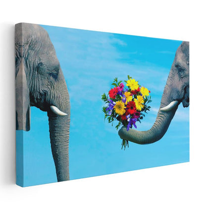 Çiçek Buketi - Hortumlarıyla Hediye Taşıyan Filler Kanvas Tablo