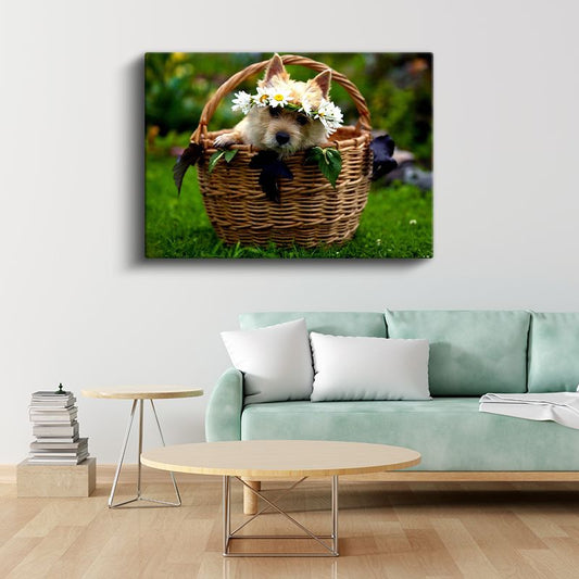 Sepetteki Yavru - Papatya Taçlı Sevimli Köpek Kanvas Tablo