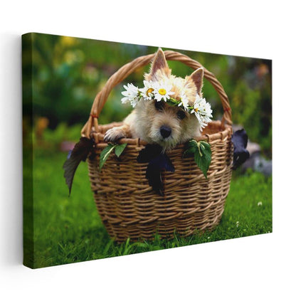 Sepetteki Yavru - Papatya Taçlı Sevimli Köpek Kanvas Tablo