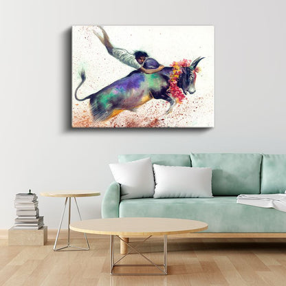 Boğa Binicisi - Soyut Renkli Rodeo Sahnesi Kanvas Tablo