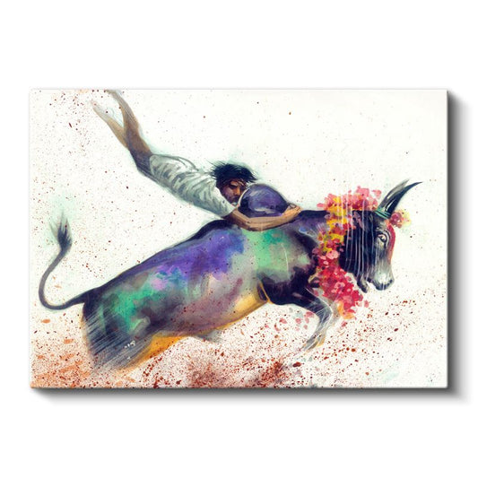 Boğa Binicisi - Soyut Renkli Rodeo Sahnesi Kanvas Tablo
