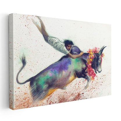 Boğa Binicisi - Soyut Renkli Rodeo Sahnesi Kanvas Tablo