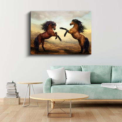 Dans Eden Atlar - Şaha Kalkmış Kahverengi İkili Kanvas Tablo