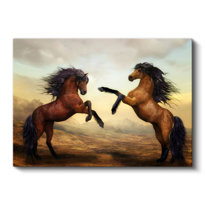 Dans Eden Atlar - Şaha Kalkmış Kahverengi İkili Kanvas Tablo