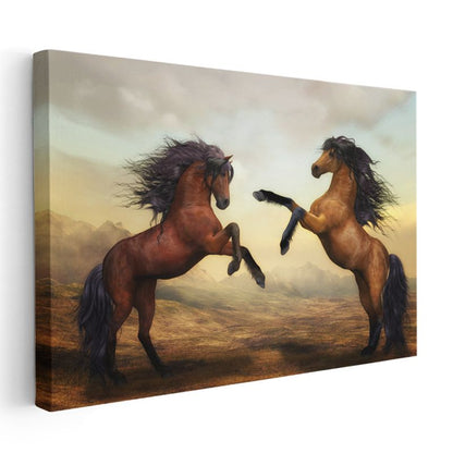 Dans Eden Atlar - Şaha Kalkmış Kahverengi İkili Kanvas Tablo